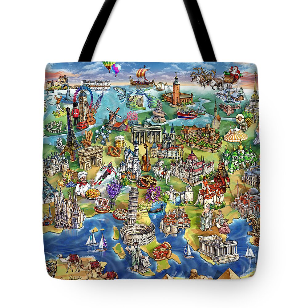 Europe Tote Bag featuring the painting European World Wonders Illustrated Map by Maria Rabinky