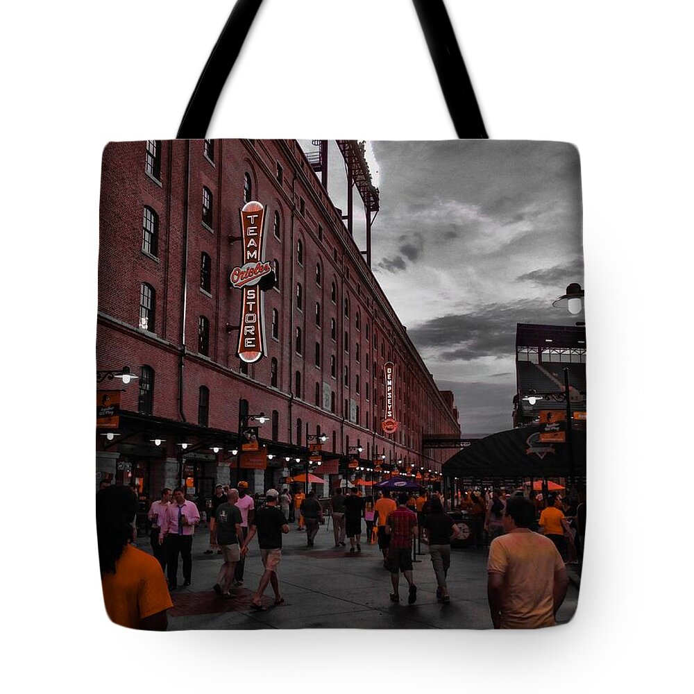 Orioles Tote Bag featuring the photograph Eutaw Street by Chris Montcalmo