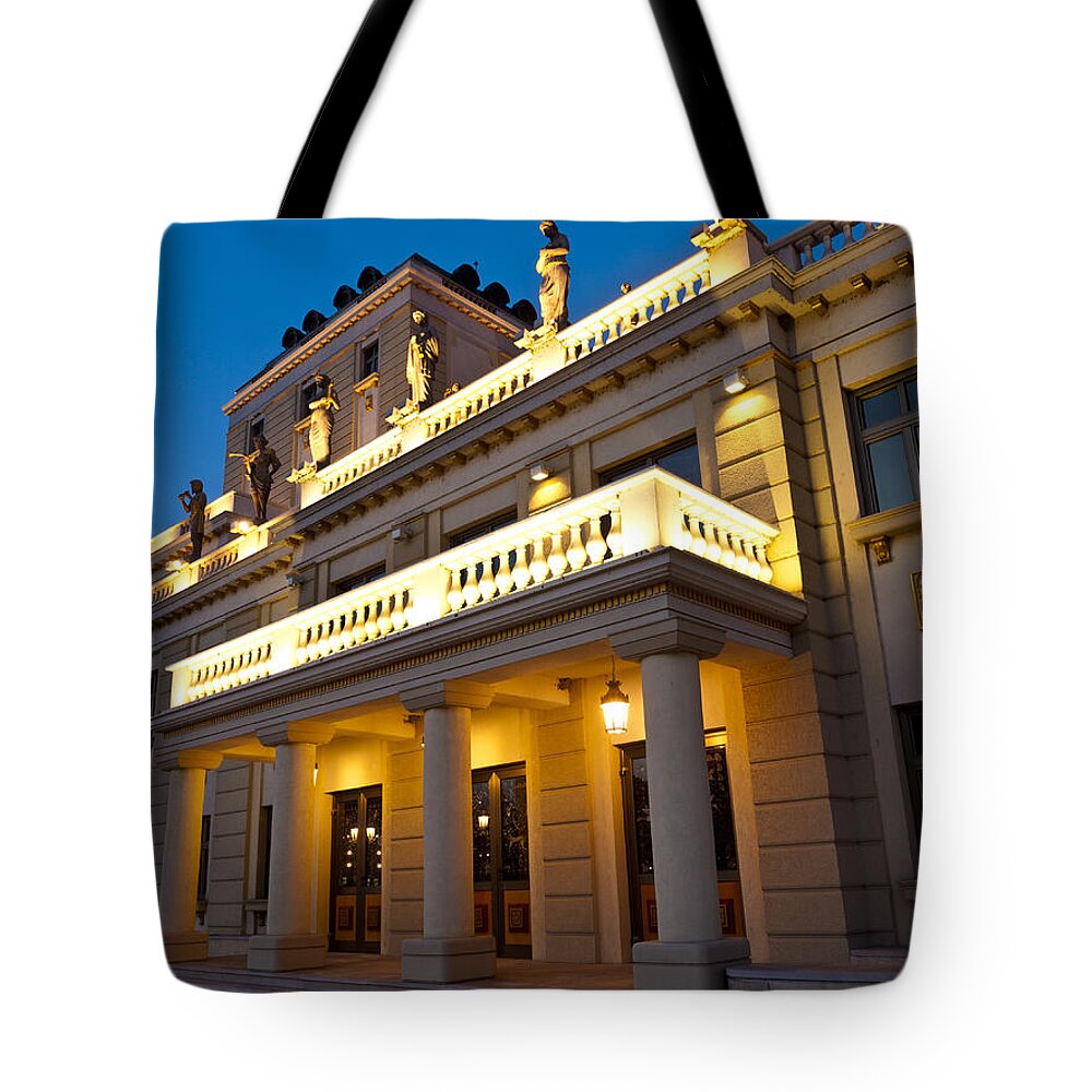 Skopje Tote Bag featuring the photograph Evening at the National Theater by Rae Tucker