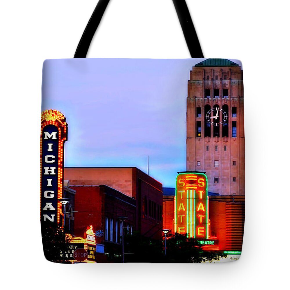 Michigan Theatre Tote Bag featuring the photograph Evening in Ann Arbor by Pat Cook