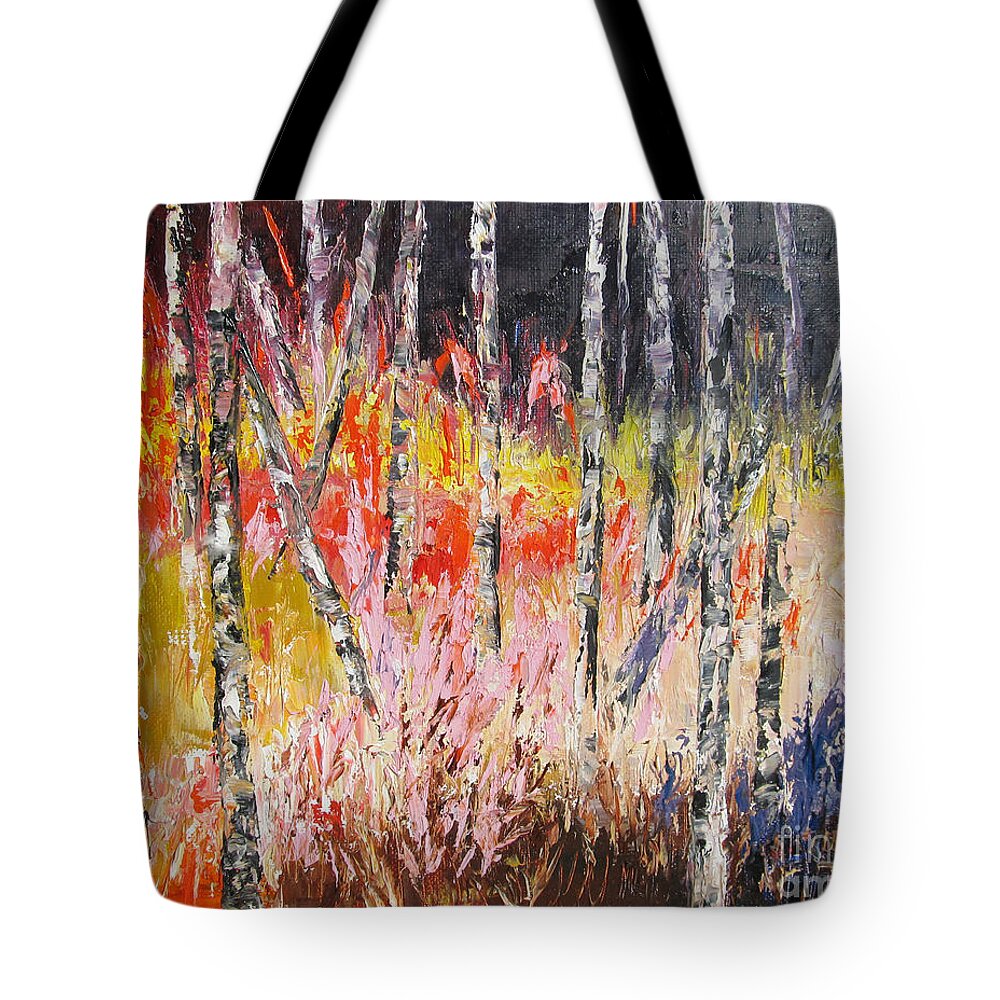 Evening Landscape Tote Bag featuring the painting Evening in the Woods Pallet Knife Painting by Lisa Boyd