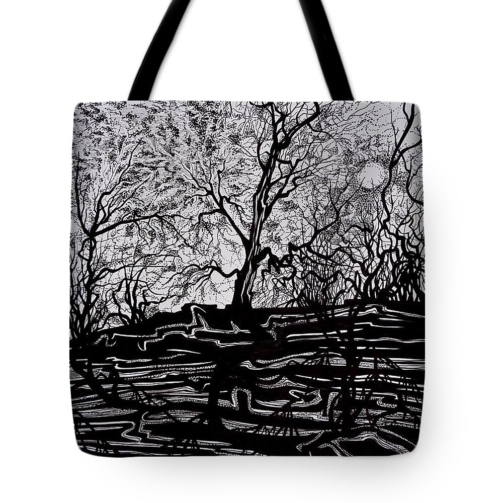 Pen And Ink Tote Bag featuring the drawing Evening Sun of Waterton by Anna Duyunova