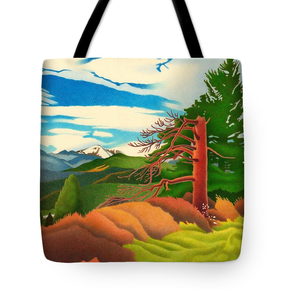 Art Tote Bag featuring the drawing Evergreen Overlook by Dan Miller