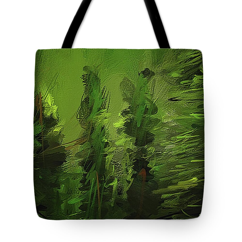 Green Tote Bag featuring the painting Evergreens - Green Abstract Art by Lourry Legarde