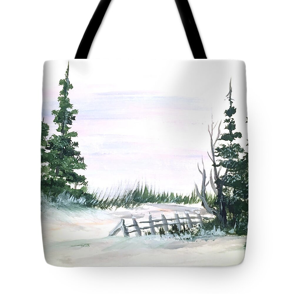 Winter Tote Bag featuring the painting Evergreens in snow by Dorothy Maier