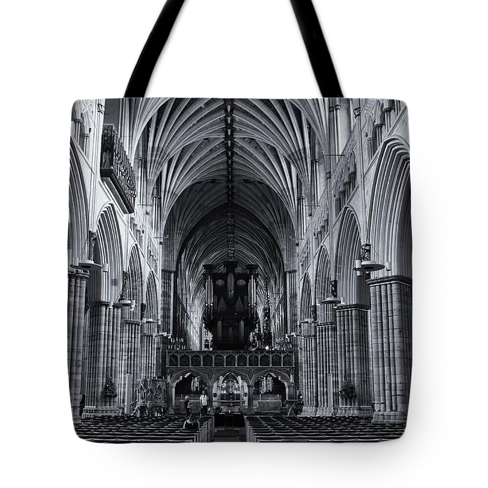 Exeter Cathedral Tote Bag featuring the photograph Exeter Cathedral Monochrome by Jeff Townsend
