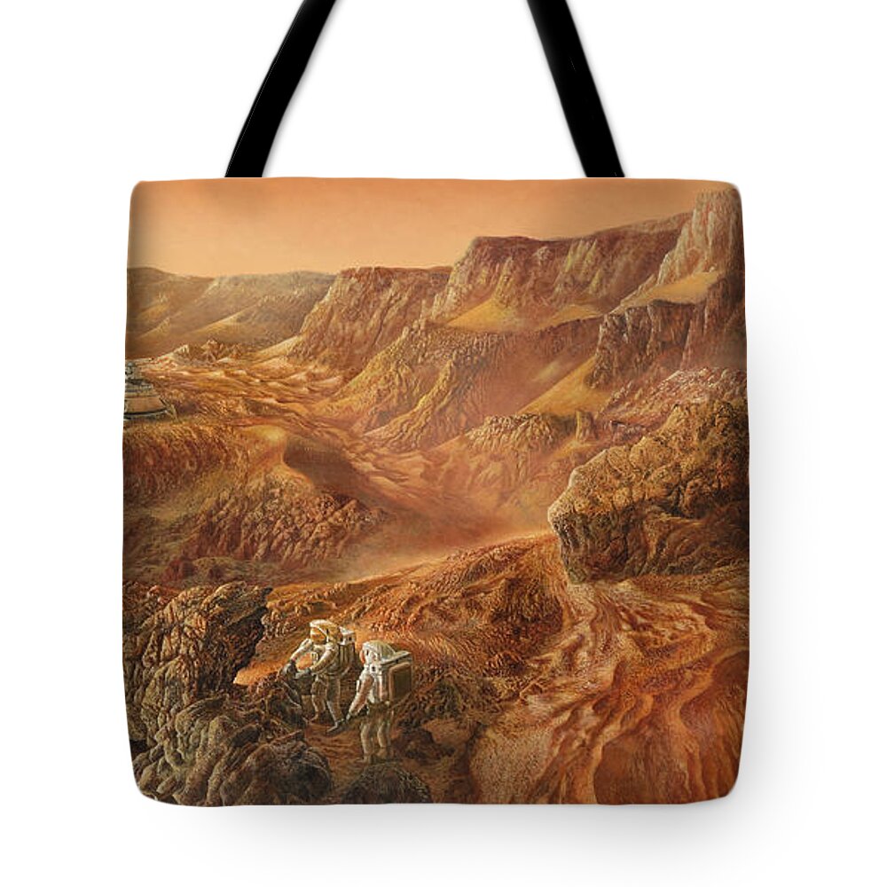 Space Tote Bag featuring the painting Exploring Mars Nanedi Valles by Don Dixon