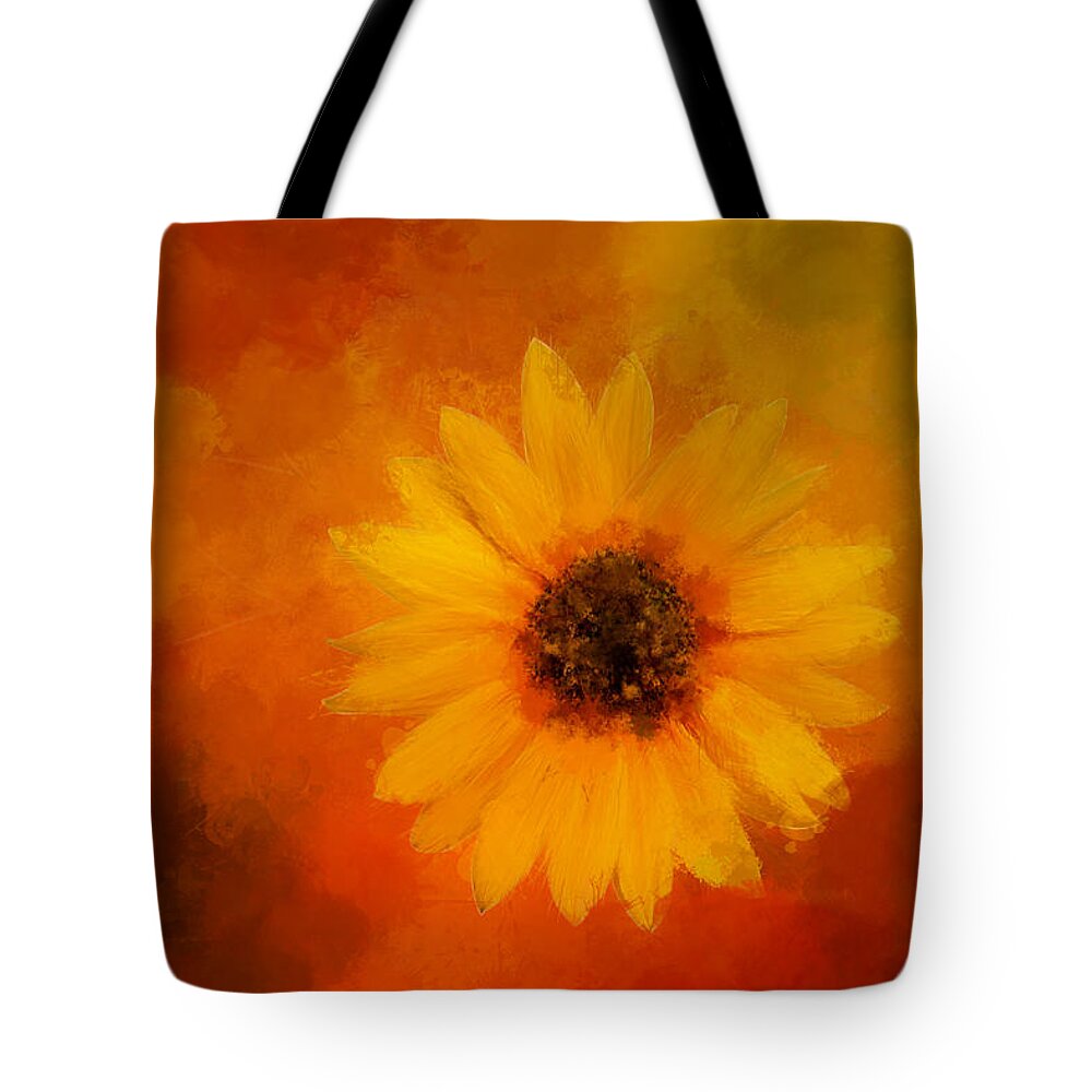 Yellow Tote Bag featuring the digital art Expressive, Bright Sunflower by Terry Davis