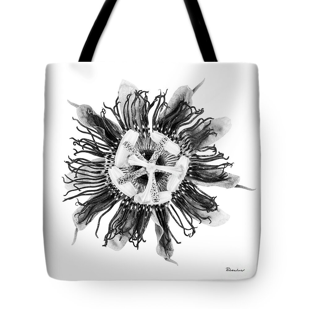 Expressive Tote Bag featuring the photograph Expressive Passion Flower in Grayscale 50674G by Ricardos Creations