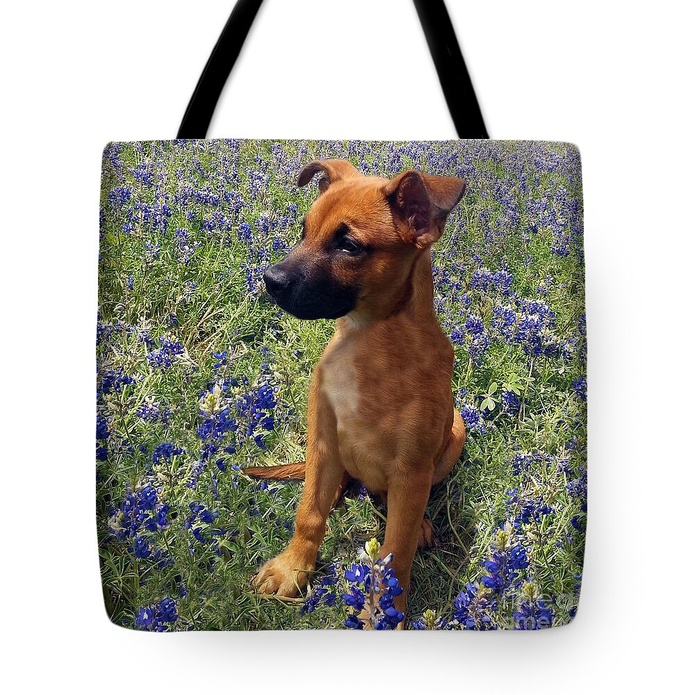 Abstract Tote Bag featuring the painting Expressive Puppy and Bluebonnets Photo A19316 by Mas Art Studio