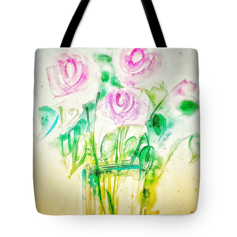 Pink Roses Tote Bag featuring the mixed media Expressive Roses by Britta Zehm