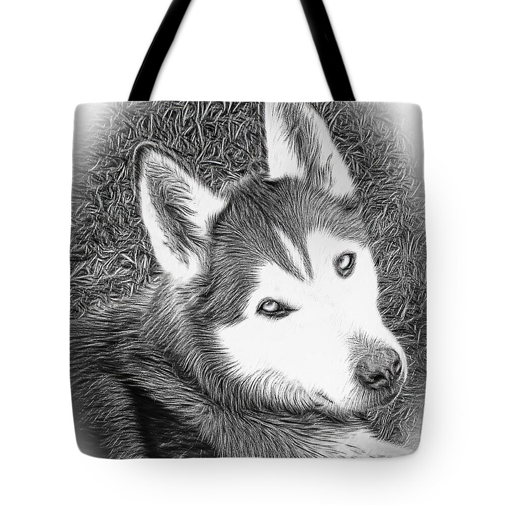 Expressive Tote Bag featuring the mixed media Expressive Siberian Husky Mixed Media A4617 by Mas Art Studio