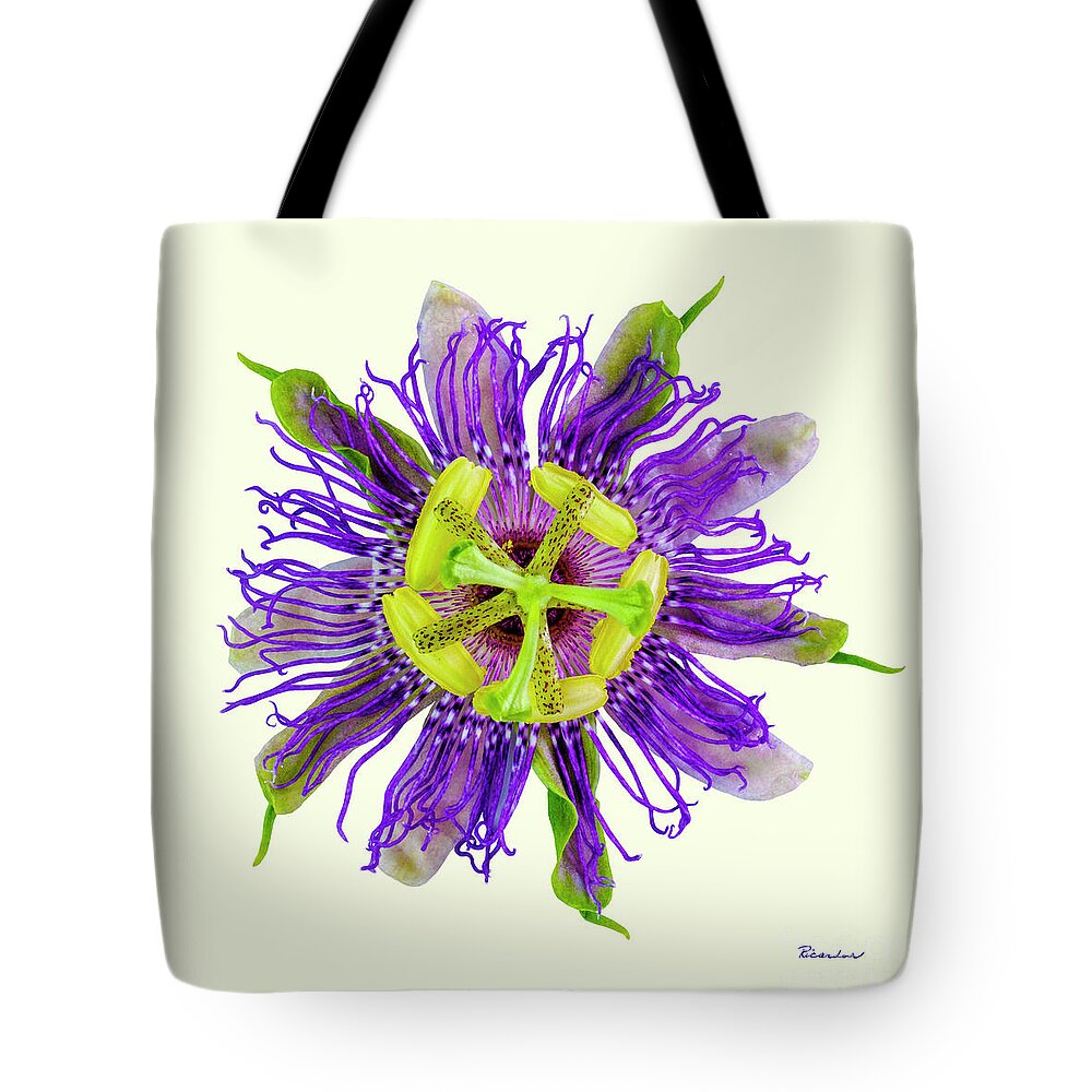 Expressive Tote Bag featuring the photograph Expressive Yellow Green and Violet Passion Flower 50674Y by Ricardos Creations
