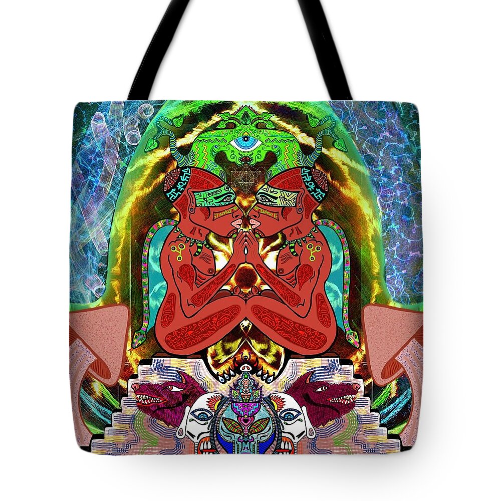 Visionary_art Tote Bag featuring the digital art Eye Gazers and Plant Teachers by Myztico Campo