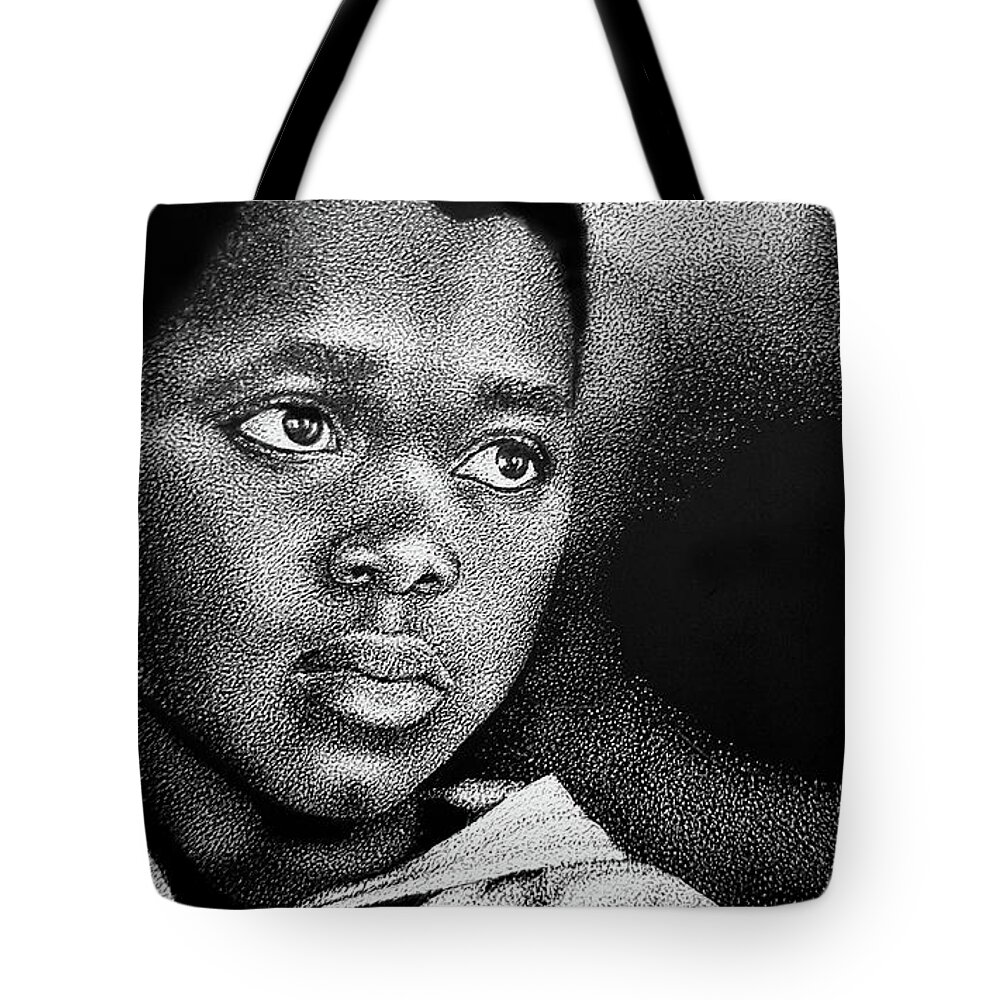 Scratchboard Tote Bag featuring the drawing Eyes of Innocence by Sheryl Unwin