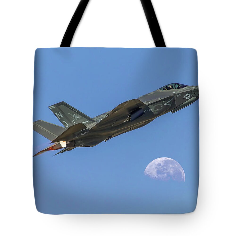 Jet Tote Bag featuring the photograph F-35 Shoots the Moon by James Menzies