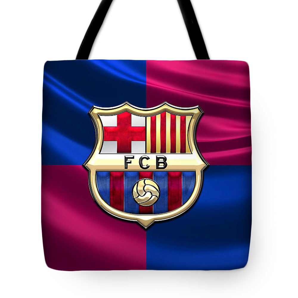 Art Tote Bag featuring the photograph F. C. Barcelona - 3D Badge over Flag by Serge Averbukh