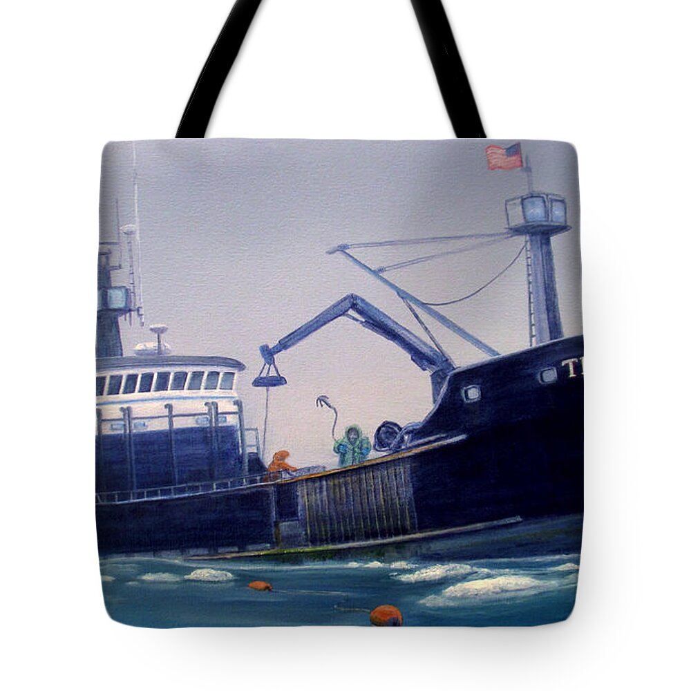 Seascape Tote Bag featuring the painting F/v Time Bandit Closeup by Wayne Enslow