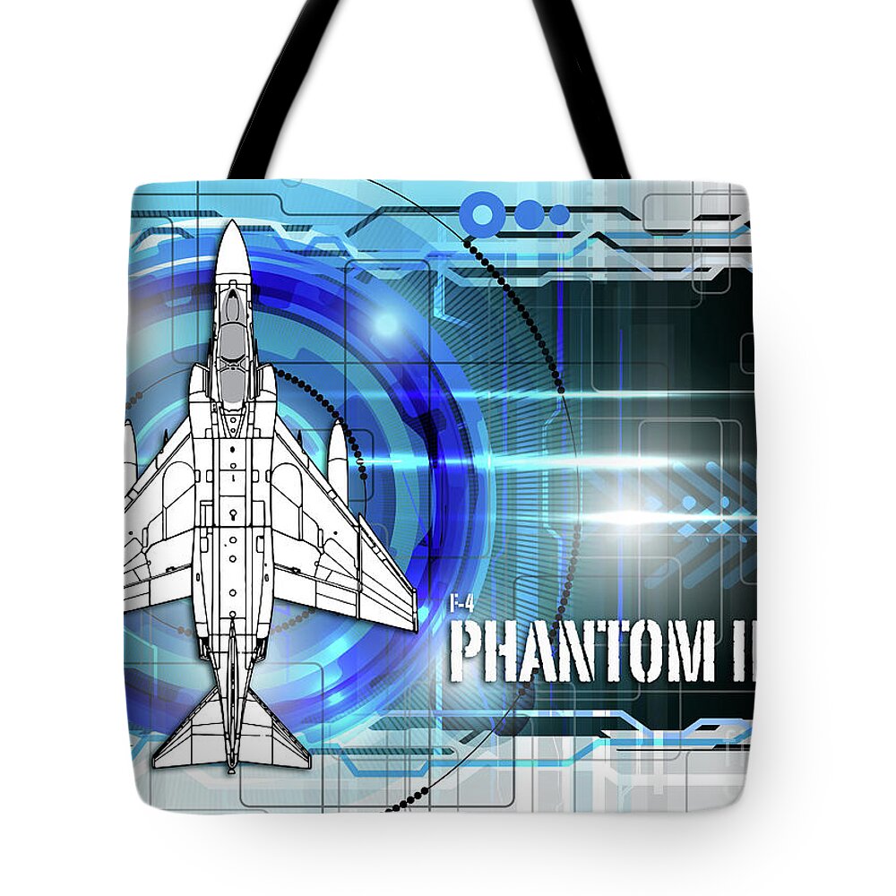 F4 Tote Bag featuring the digital art F4 Phantom Blueprint by Airpower Art