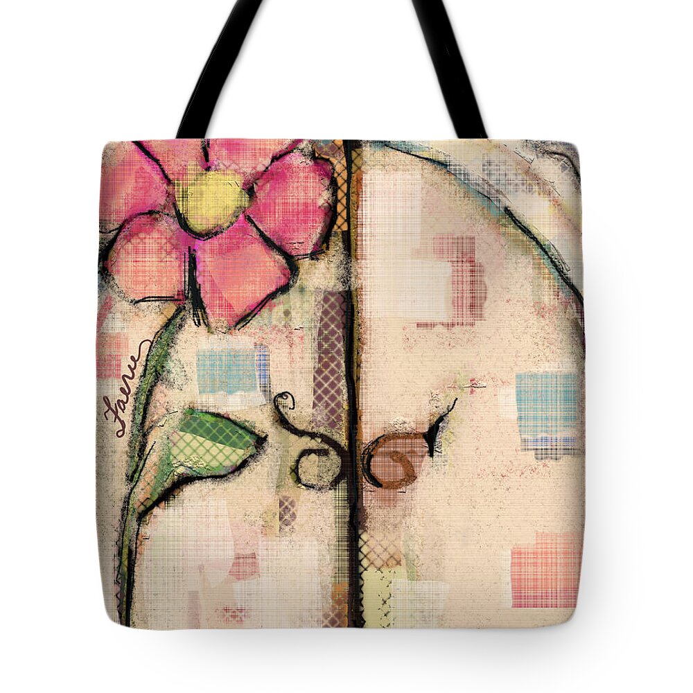 Fairy Tote Bag featuring the mixed media Fabric Fairy Door by Carrie Joy Byrnes