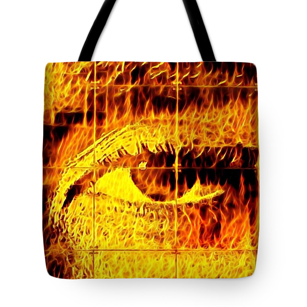 Eyes Tote Bag featuring the digital art Face the fire by Gina Callaghan