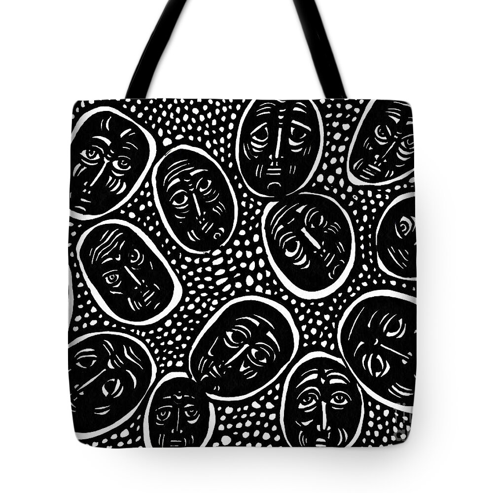 Face Tote Bag featuring the drawing Faces in Stone by Sarah Loft