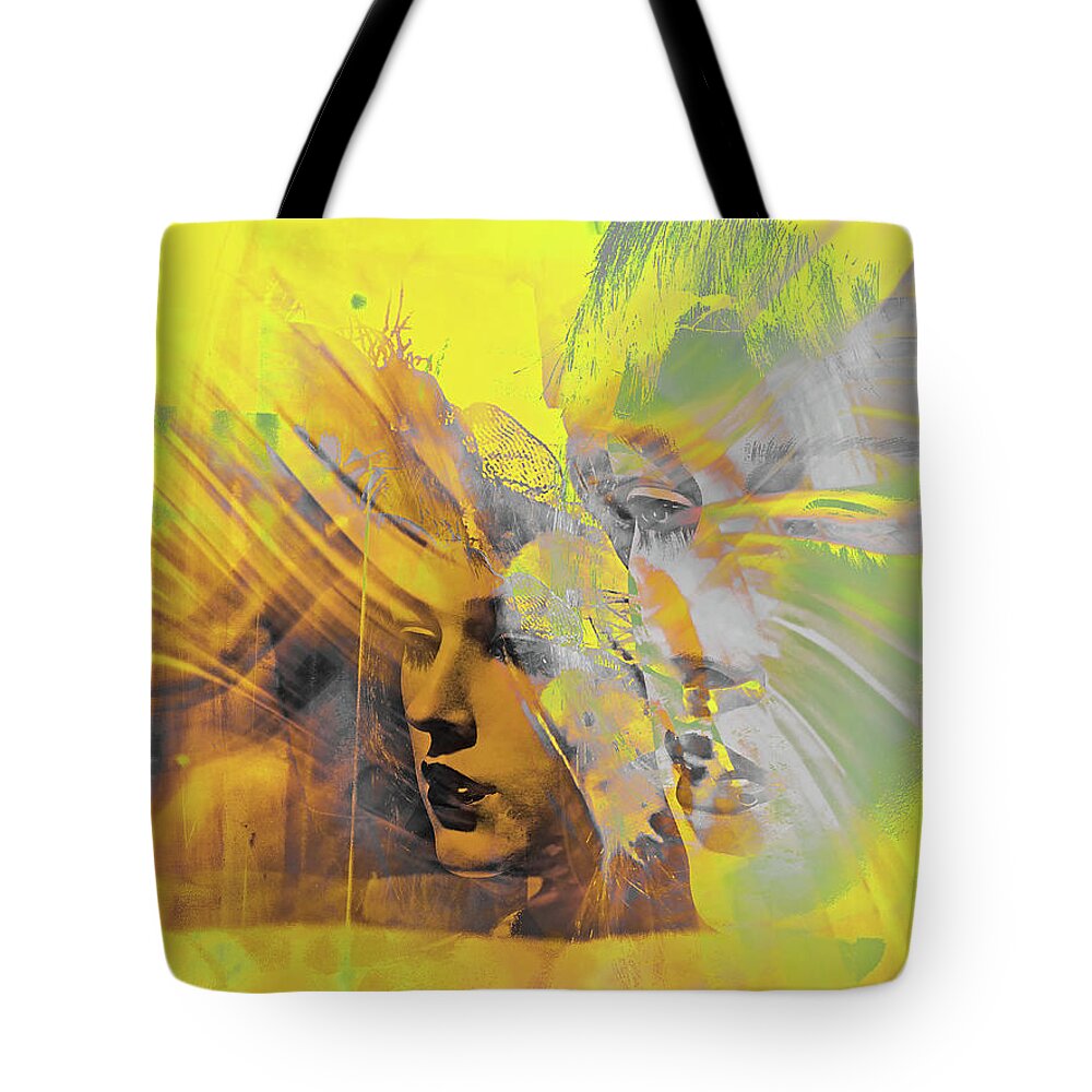 Face Tote Bag featuring the photograph Faces in yellow and grey by Gabi Hampe