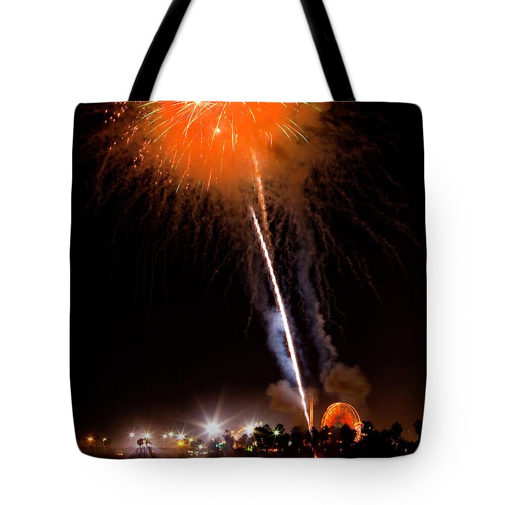 Pier Tote Bag featuring the photograph Fireworks As Seen From The Ventura California Pier by John A Rodriguez