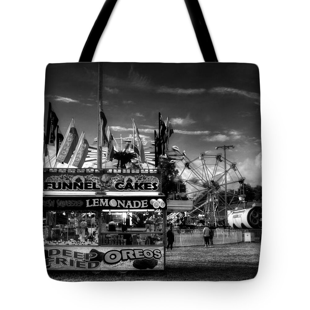 County Fair Tote Bag featuring the photograph Fair Food in Black and White by Greg and Chrystal Mimbs