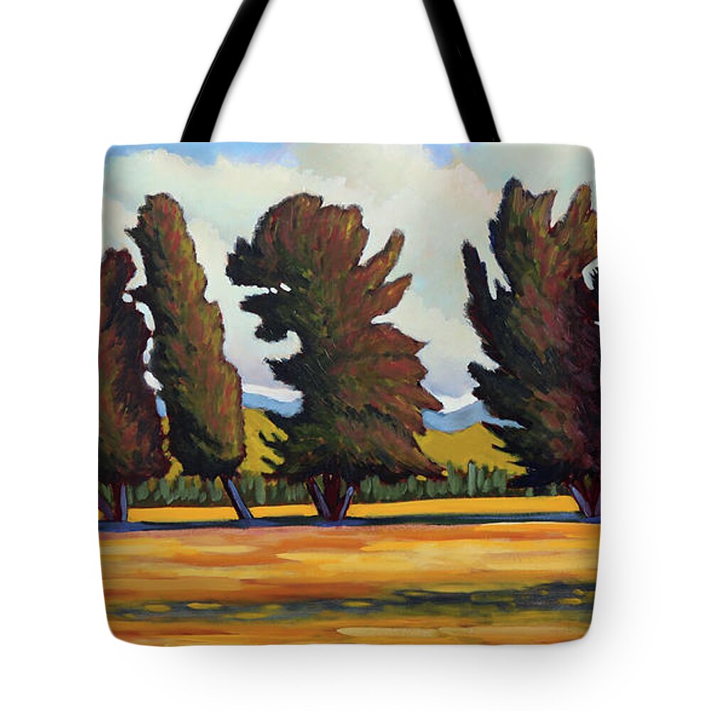 Fairfield Idaho Tote Bag featuring the painting Fairfield Tree Row by Kevin Hughes