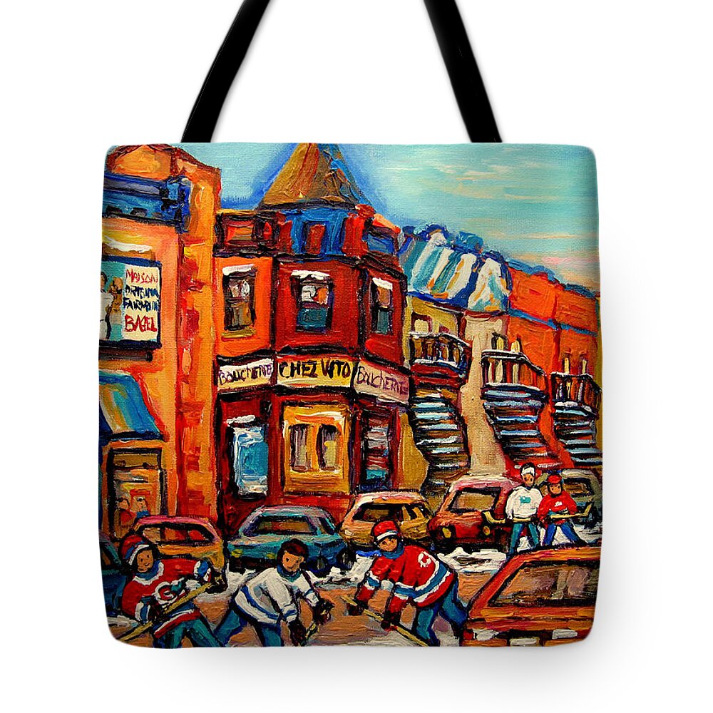 Fairmount Bagel Tote Bag featuring the painting Fairmount Bagel With Hockey by Carole Spandau