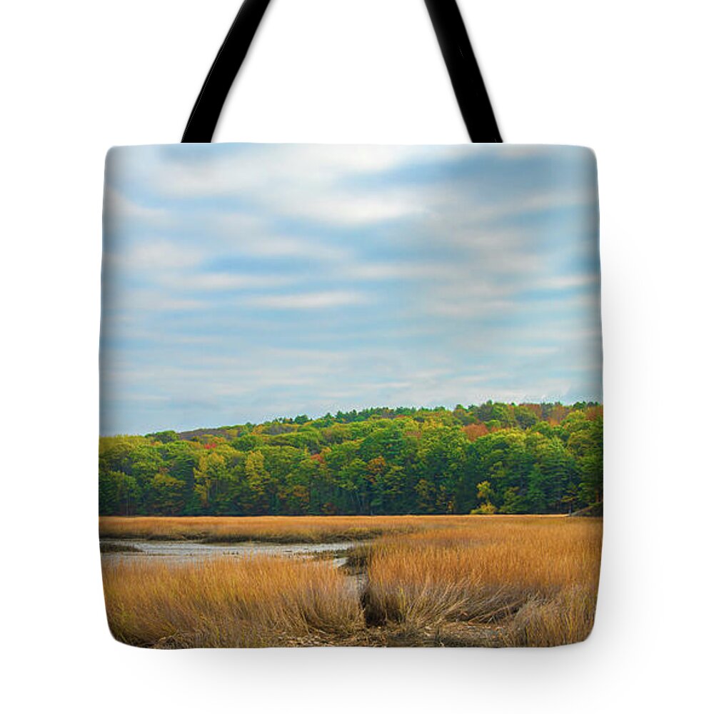 Edgecomb Tote Bag featuring the photograph Fall Colors in Edgecomb by Tim Kathka