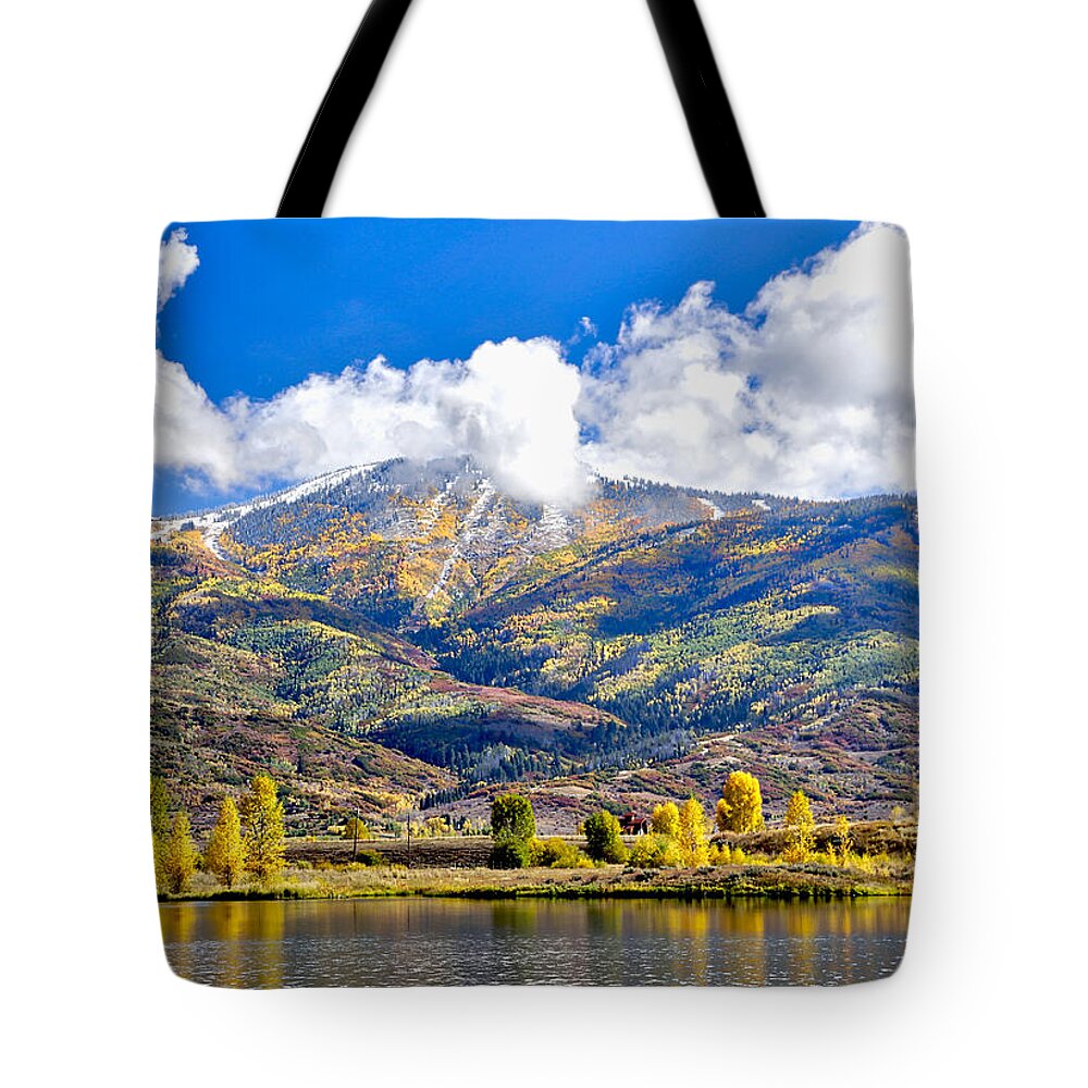 Landscape Tote Bag featuring the pyrography Fall Colors In Steamboat With a Lake. by James Steele