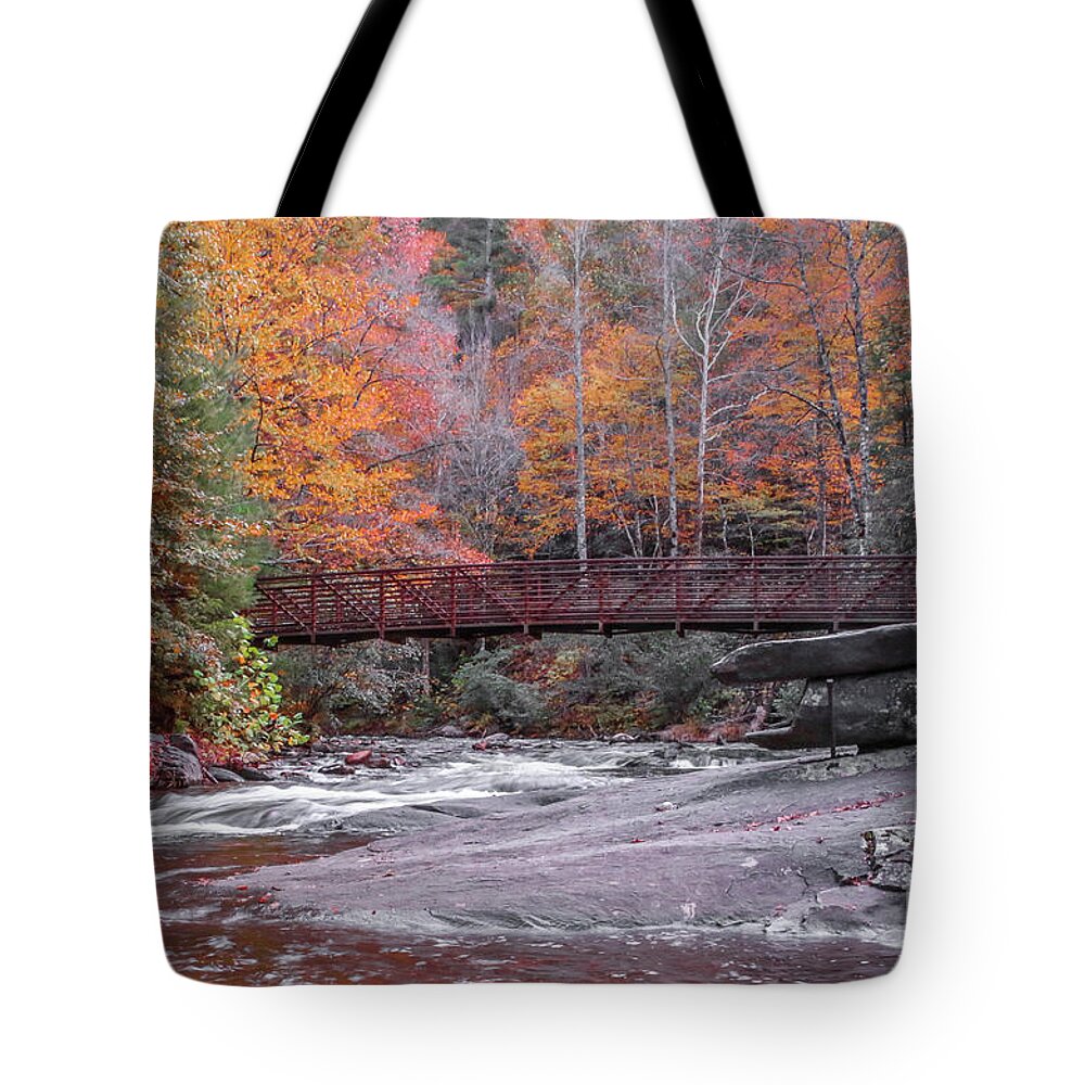 Bridge Tote Bag featuring the photograph Fall Foliage Footbridge by Tom Claud