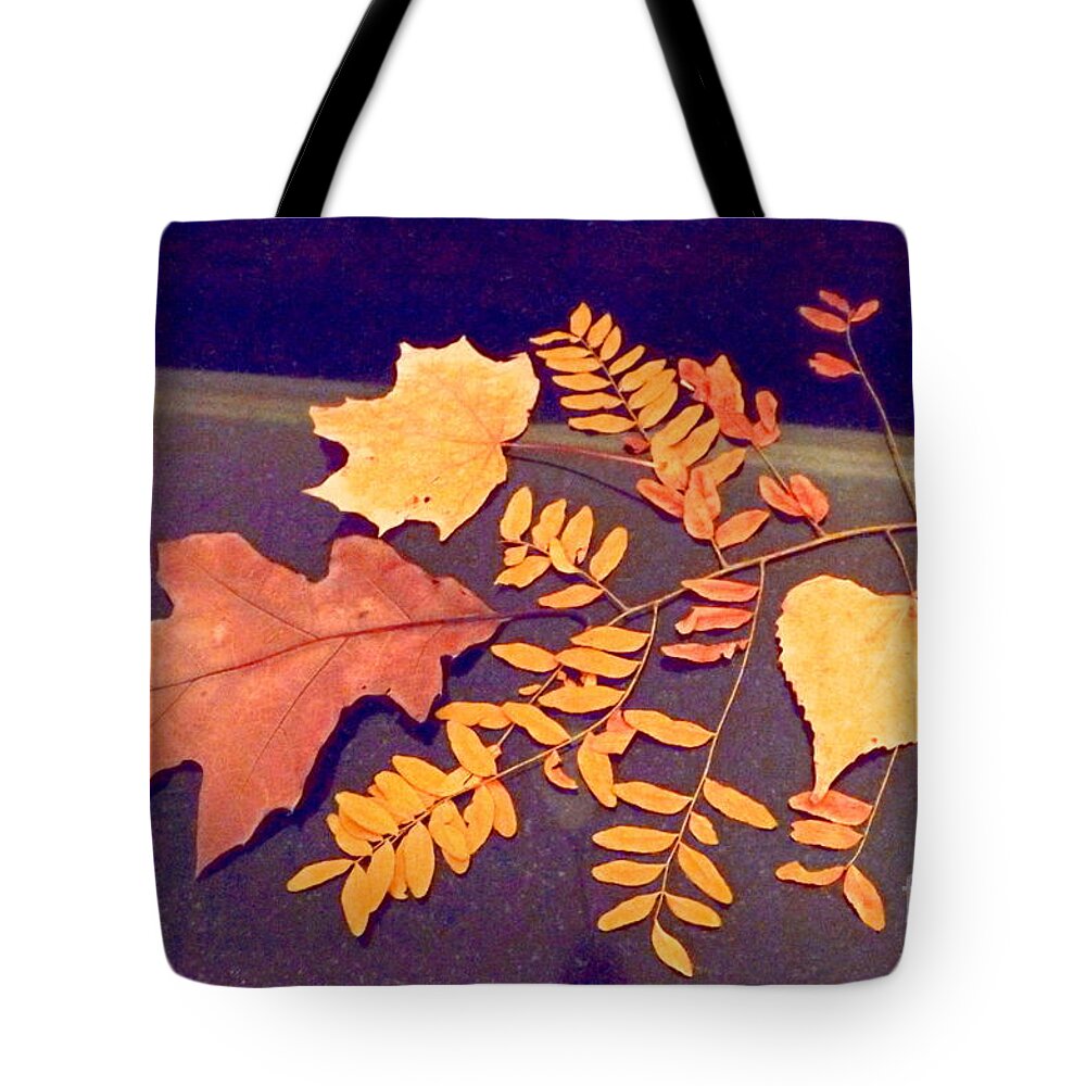 Fall Leaves On Granite Counter... Warm And Cool Tones Tote Bag featuring the digital art Fall leaves on granite counter by Annie Gibbons