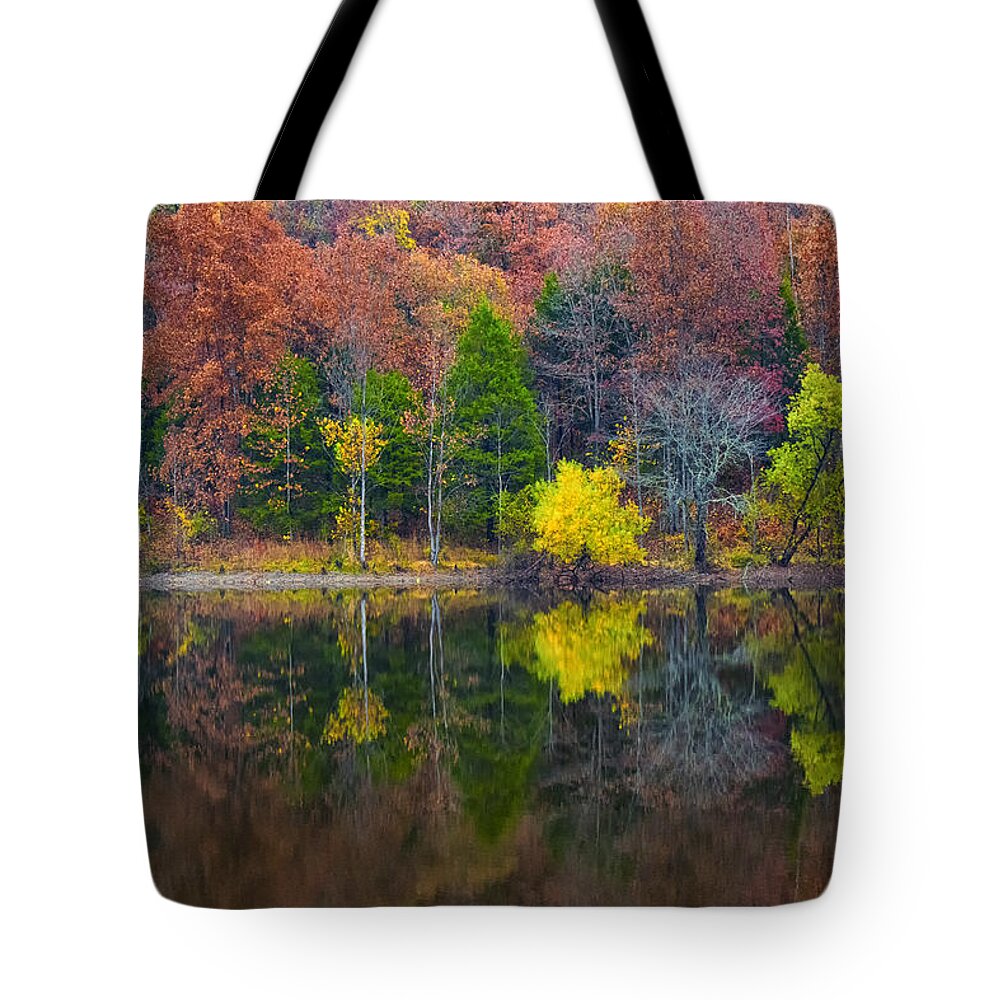 Current River Tote Bag featuring the photograph Fall Reflections Current River State Park MO DSC09395 by Greg Kluempers