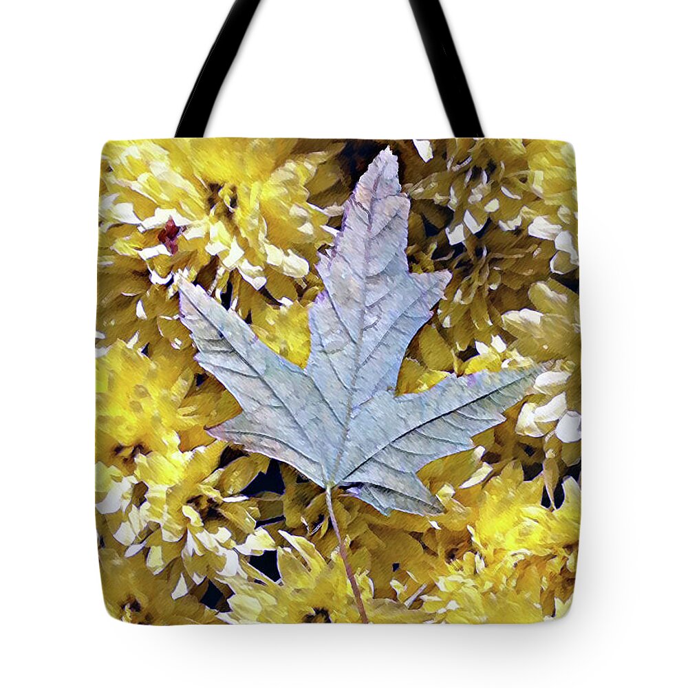Mums Tote Bag featuring the photograph Fallen leaf on mums by Steve Karol