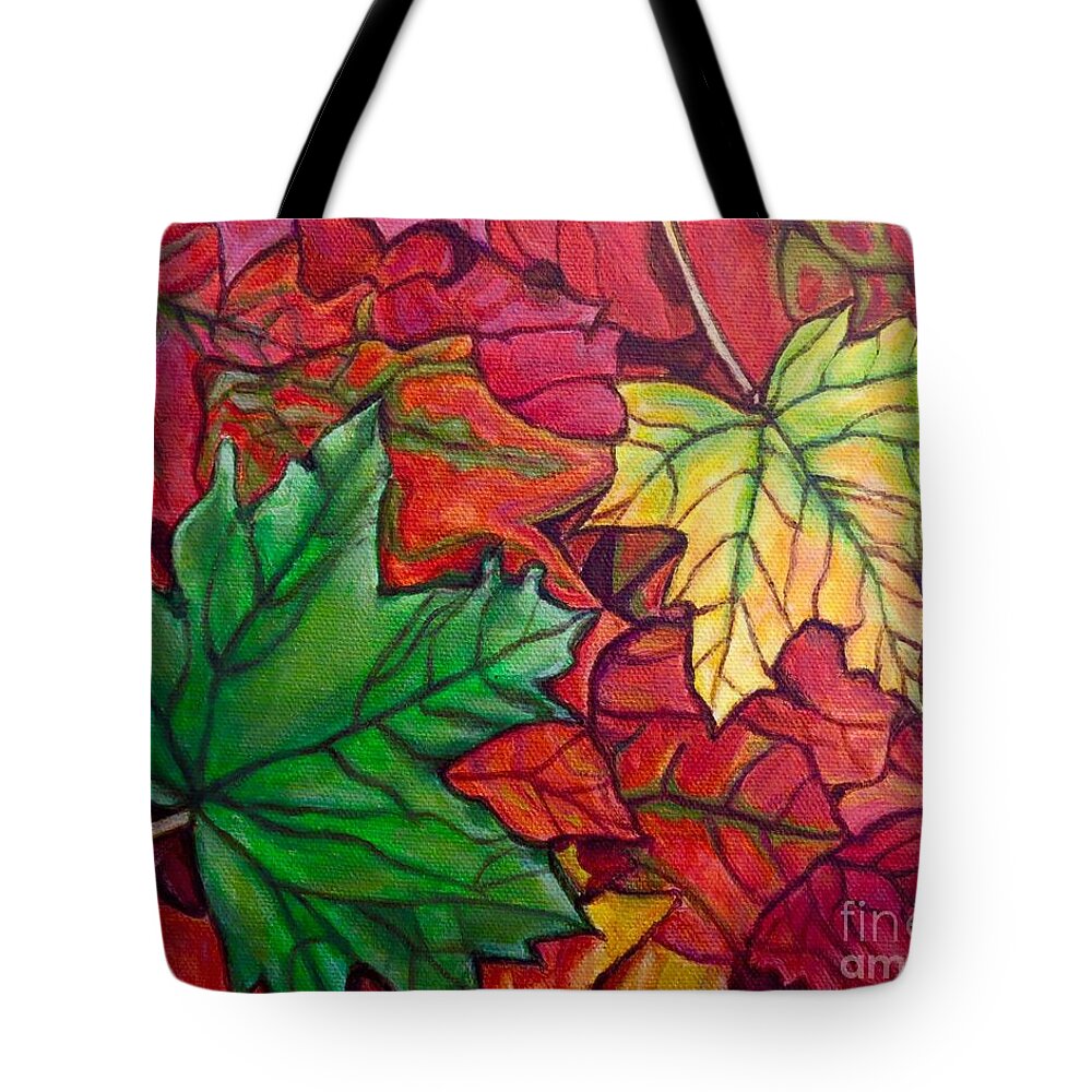 Nature Scene Collage Of Falling Fallen Leaves Gold Yellow Crimson Purple Eggplant Coral Orange Hot Pink Magenta Hunter Green Maple Leaves Acrylic Painting Tote Bag featuring the painting Falling Leaves I Painting by Kimberlee Baxter