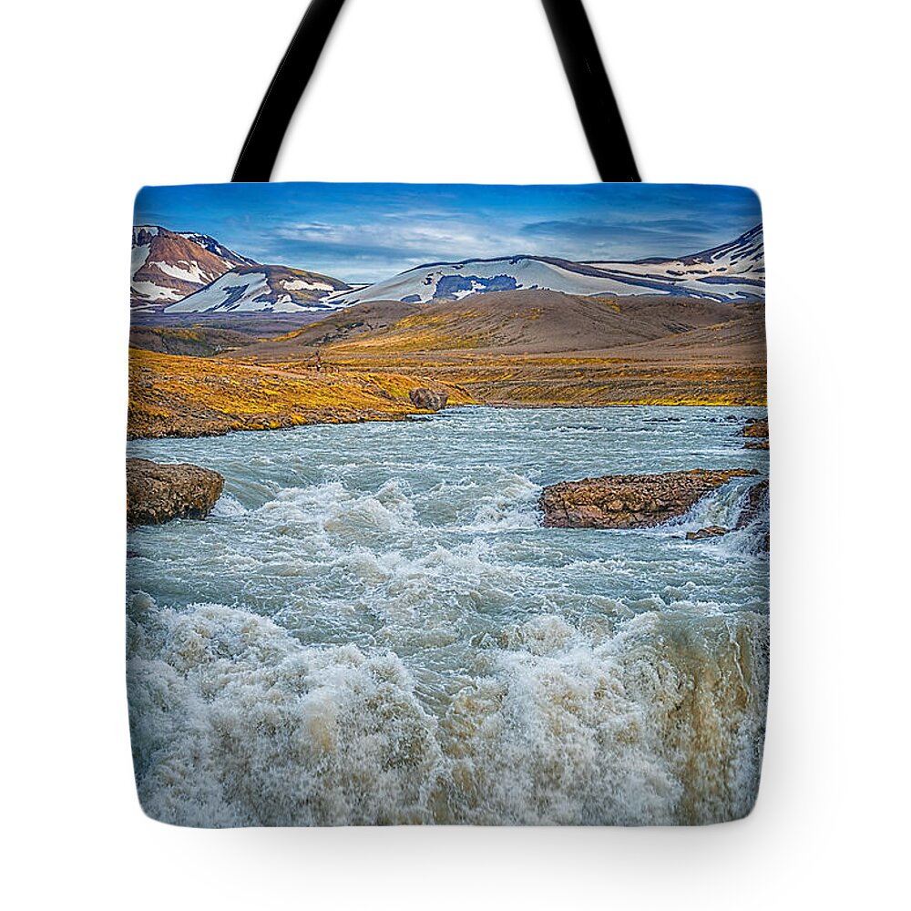 Iceland Tote Bag featuring the photograph Falls and mountains by Izet Kapetanovic