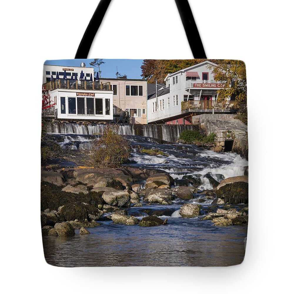 Camden Tote Bag featuring the photograph Falls behind Main Street by Bob Phillips