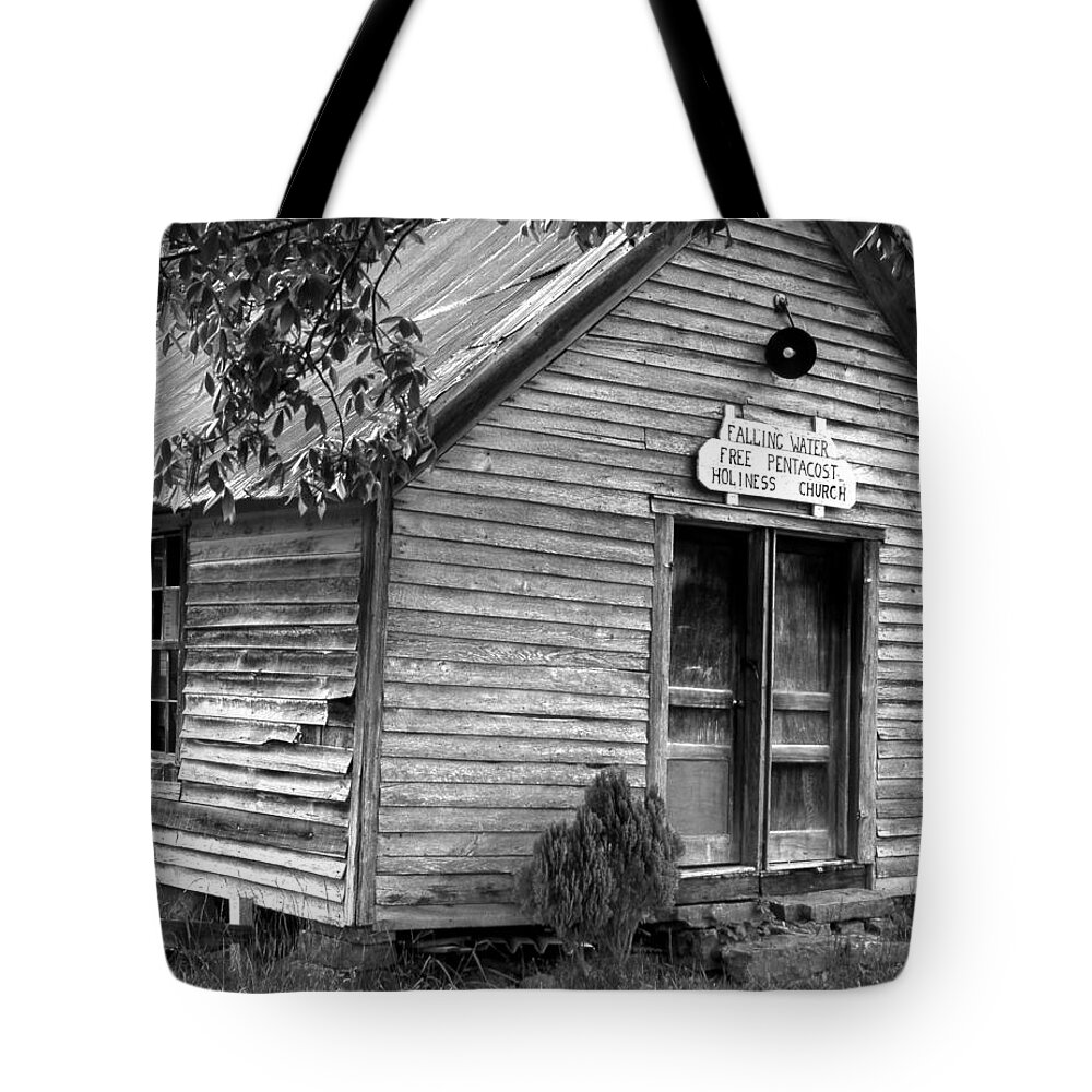 Wood Tote Bag featuring the photograph falnH2OchurchBW by Curtis J Neeley Jr