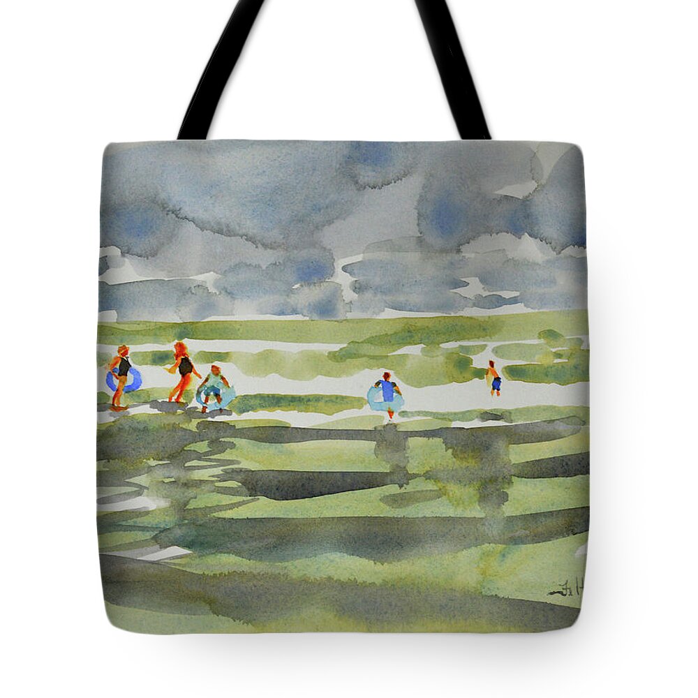 Watercolor Beach Scenes Paintings Tote Bag featuring the painting Family at the beach 2 by Julianne Felton