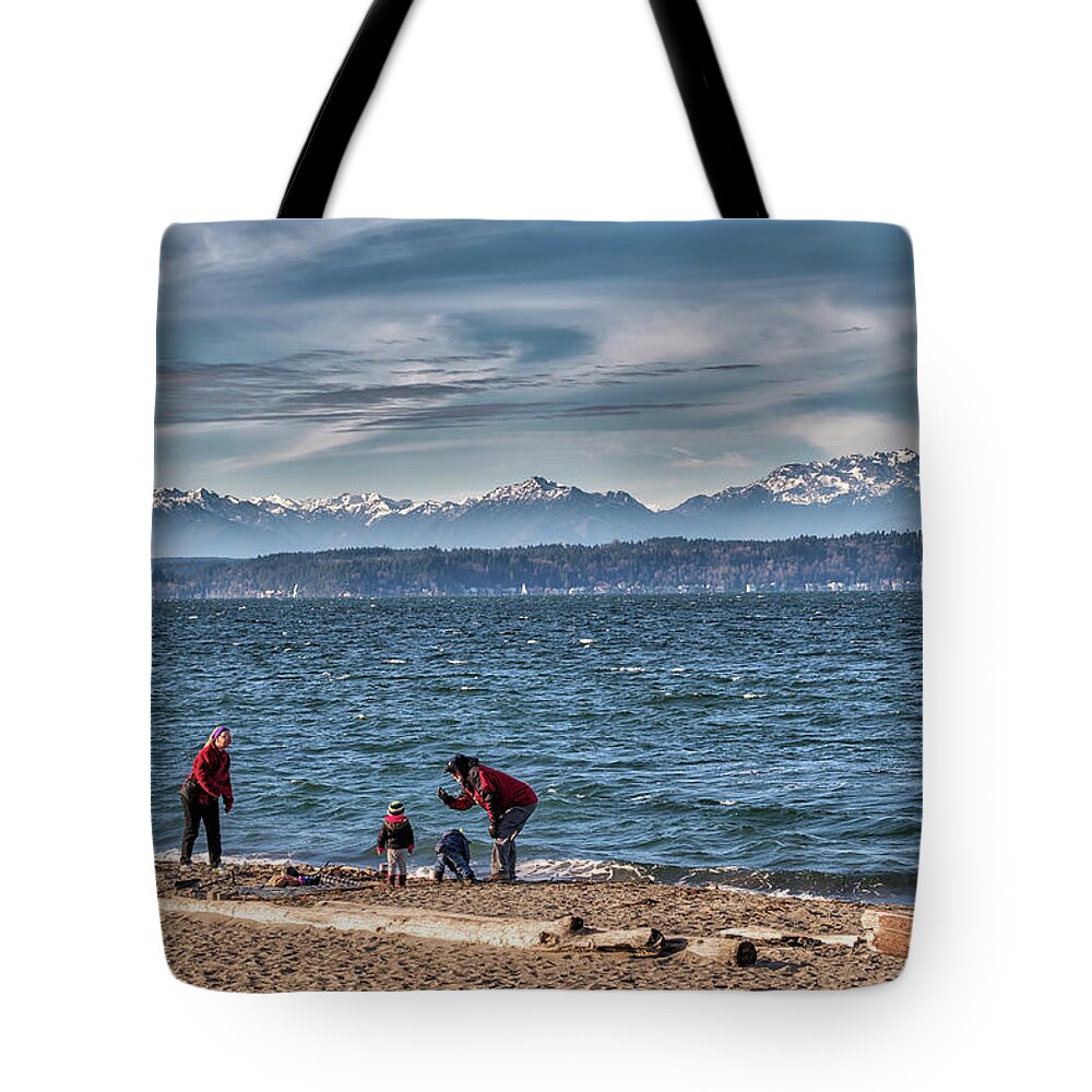 Seattle Tote Bag featuring the photograph Family Time at the Beach by Spencer McDonald