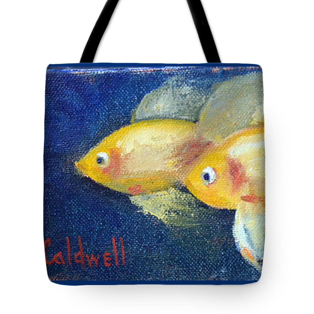 Goldfish Fantail Three Fish Gold Yellow Swimming Ocean Water Sea Red Eye Bubble Fin  Tote Bag featuring the painting Fancy Goldfish by Patricia Caldwell