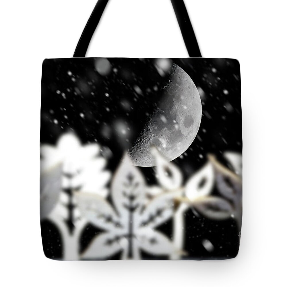 Moon Tote Bag featuring the photograph Fantasy winter snow scene with moon by Simon Bratt