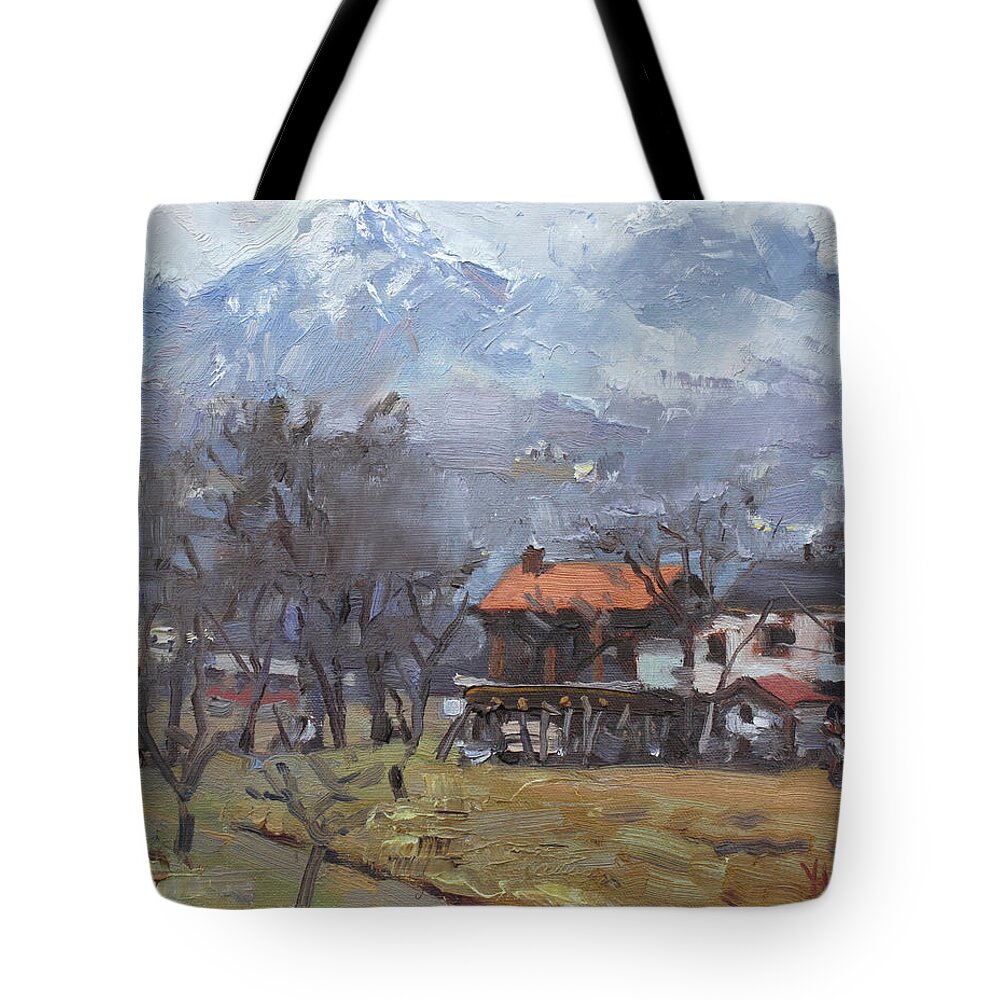 Farm Tote Bag featuring the painting Farm at Dolomites, Belluno, Italy by Ylli Haruni