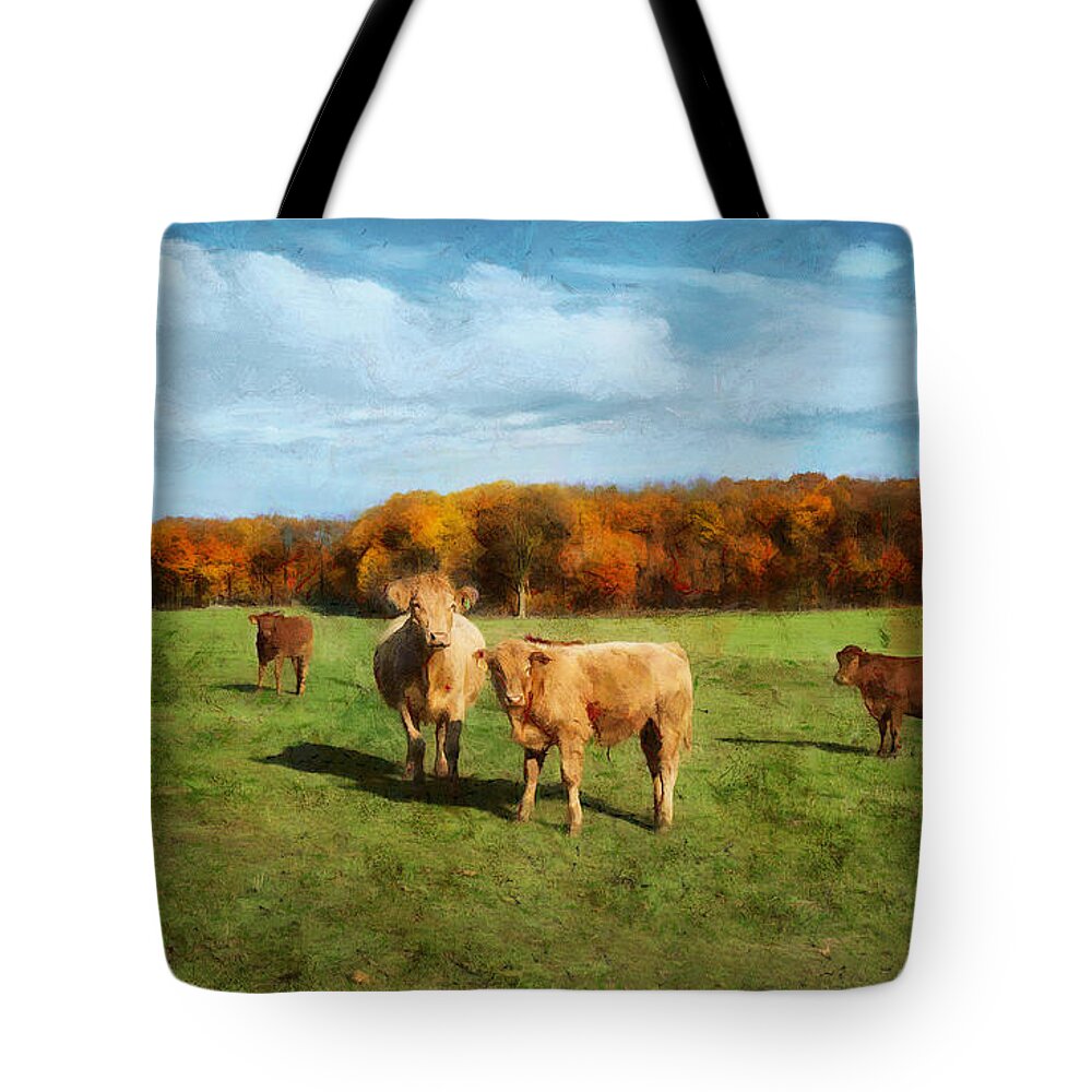 Fields Tote Bag featuring the digital art Farm Field and Brown Cows by JGracey Stinson