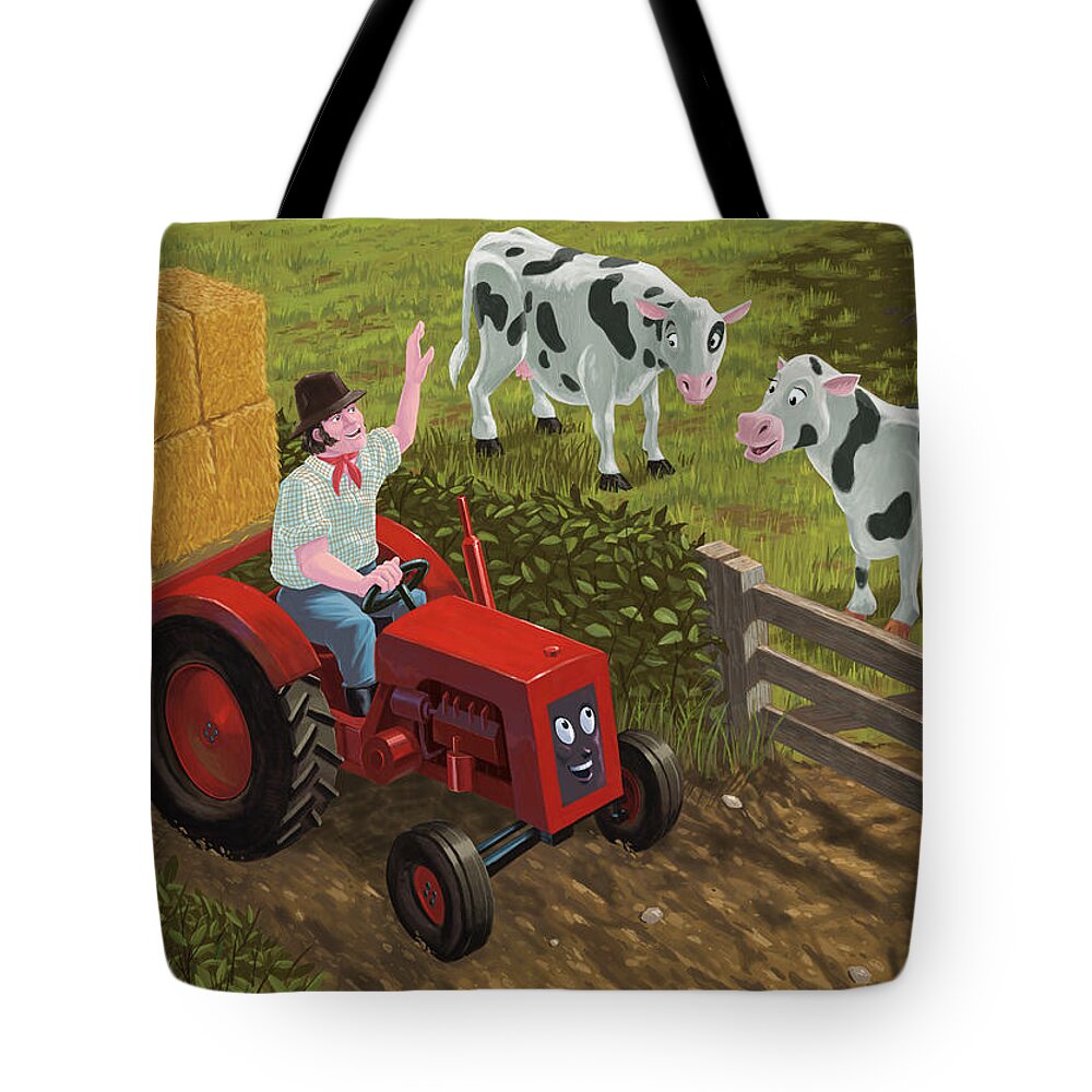 Farmer Tote Bag featuring the painting Farmer Visiting Cows In Field by Martin Davey