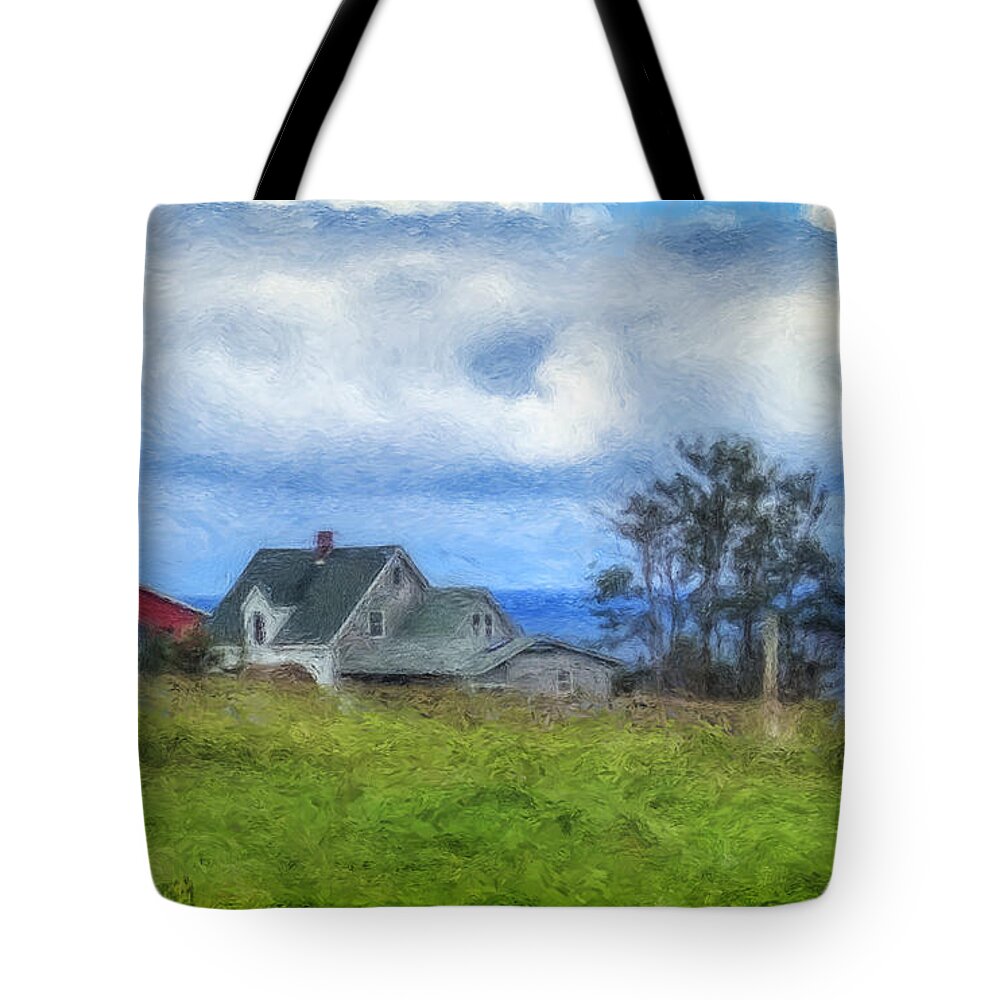 Farm Tote Bag featuring the digital art Farmhouse by the Sea by Ken Morris