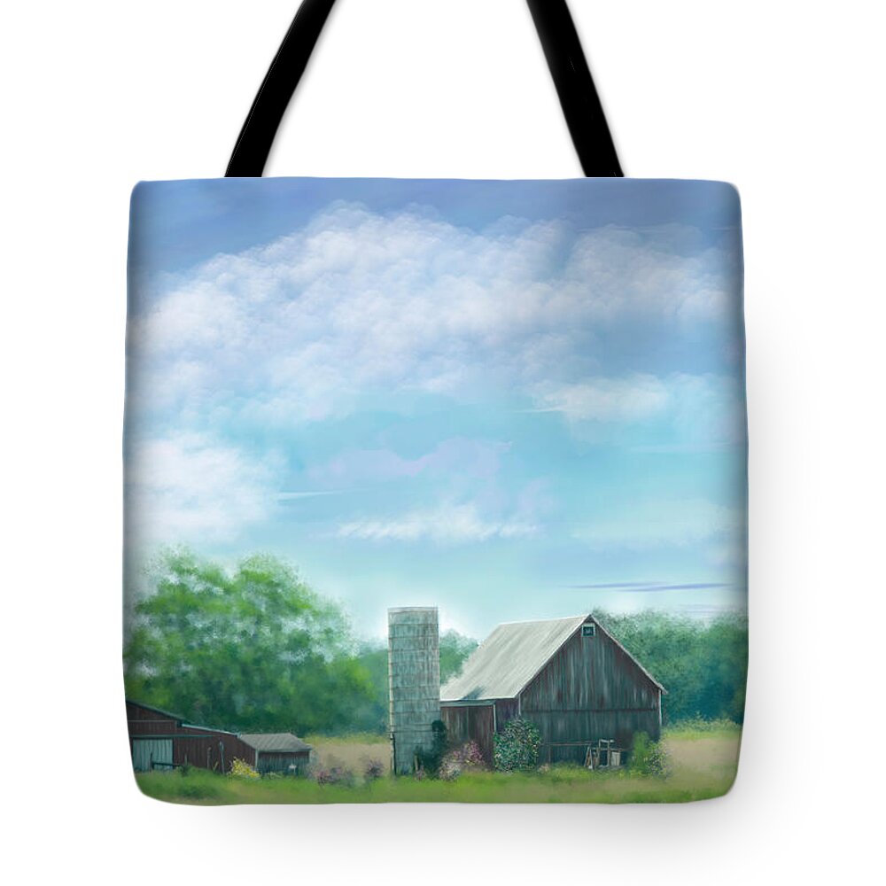 Cloudy Blue Skies Tote Bag featuring the photograph Farmstead Under Blue Skies by Mary Timman